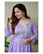 Women Embroidered Pure Cotton Anarkali Kurta  (Light Bule) - Image 2