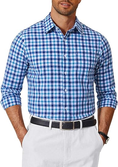 2.1 COOFANDY Men's Wrinkle Free Casual Gingham Shirt - Blue Gingham - Image 1