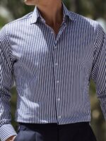 The Stanton Broadcloth Dress Shirt - Navy Wide Bengal Stripe - Image 5