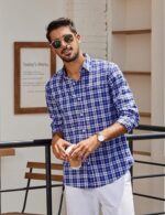 COOFANDY Men's Wrinkle Free Casual Gingham Shirt - Blue White Plaid - Image 2