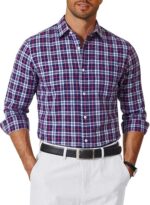 COOFANDY Men's Wrinkle Free Casual Gingham Shirt - Navy Blue Red Plaid
