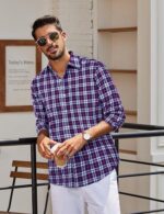 COOFANDY Men's Wrinkle Free Casual Gingham Shirt - Navy Blue Red Plaid - Image 2