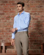 Light Blue Stretch Oxford Checked Shirt - Image 2