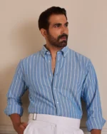Giza Cotton Sky Blue White Strip Shirt - Image 1