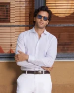 Giza Cotton Light Blue & Pink Twill Striped Shirt - Image 1