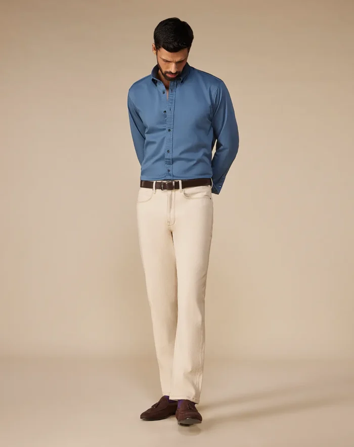 Teal Washed Dobby Denim Shirt - Image 4