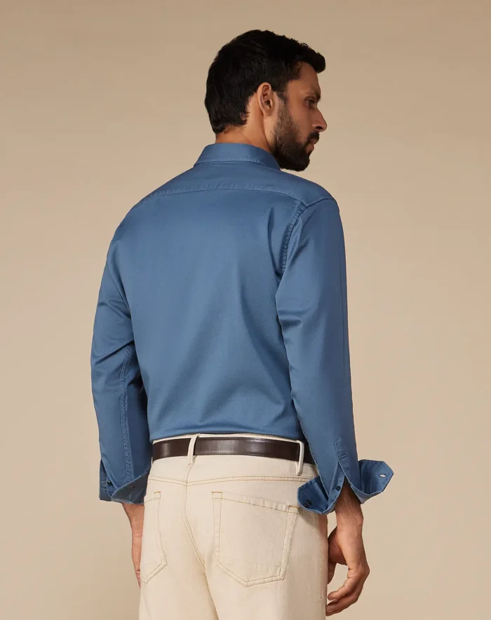 Teal Washed Dobby Denim Shirt - Image 3