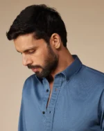 Teal Washed Dobby Denim Shirt - Image 2